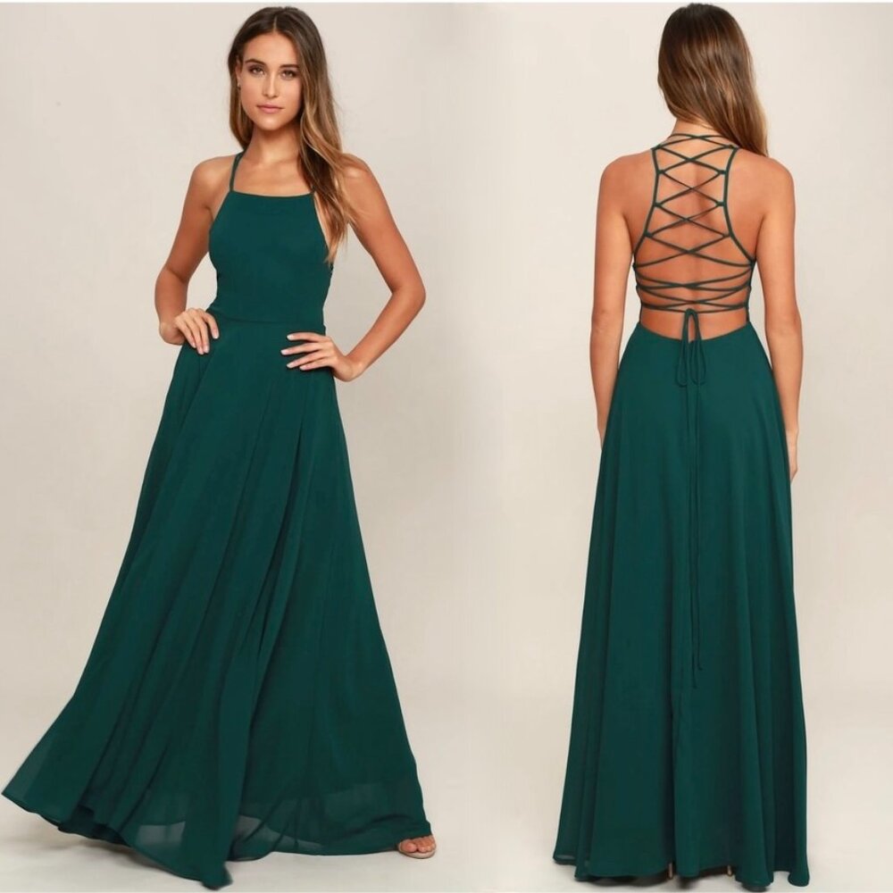 Lulus Strappy To Be Here Forest Green Lace-Up Maxi Dress Size Medium Formal Gown
